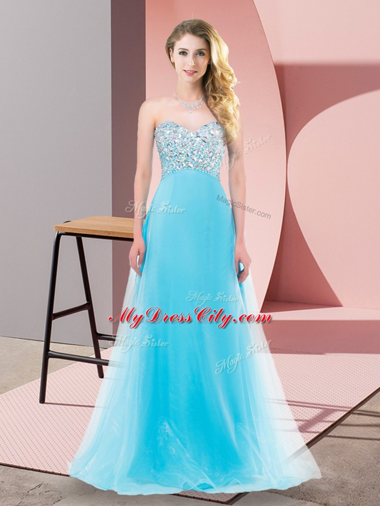 Aqua Blue Empire Beading Prom Dresses Lace Up Tulle Sleeveless Floor Length