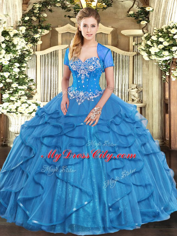 Delicate Beading and Ruffles Quince Ball Gowns Baby Blue Lace Up Sleeveless Floor Length