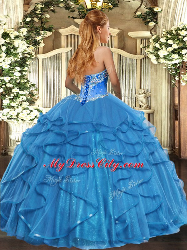 Delicate Beading and Ruffles Quince Ball Gowns Baby Blue Lace Up Sleeveless Floor Length