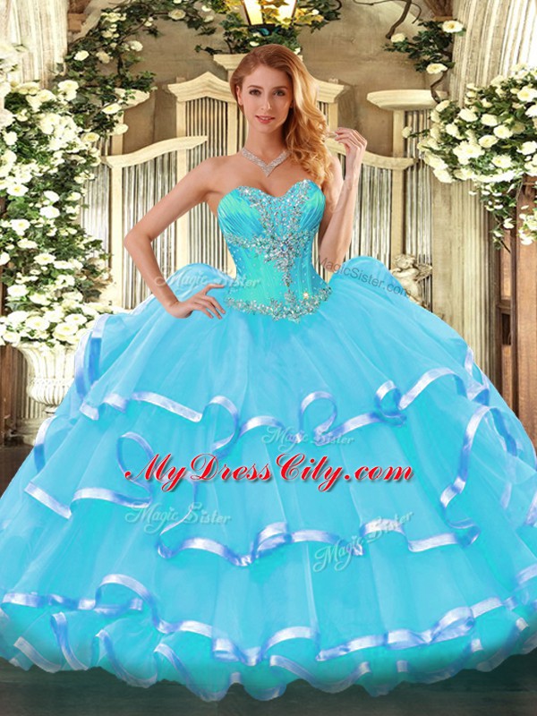 Aqua Blue Organza Lace Up Sweetheart Sleeveless Quince Ball Gowns Beading and Ruffled Layers