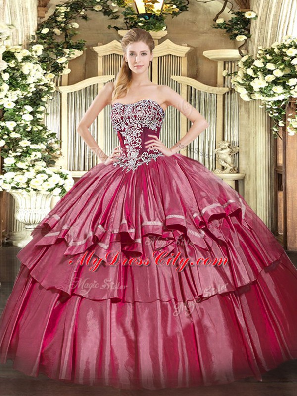 Hot Pink Strapless Lace Up Beading and Ruffled Layers Vestidos de Quinceanera Sleeveless