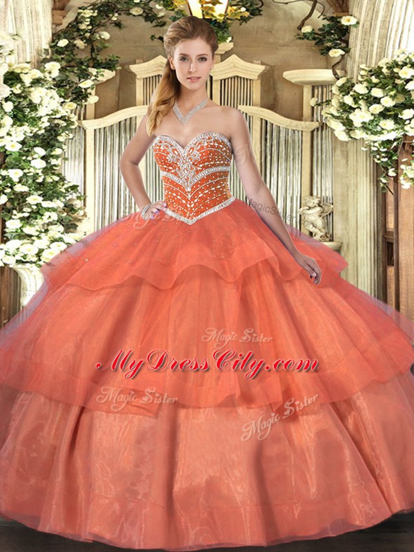 Decent Orange Red Tulle Lace Up Sweetheart Sleeveless Floor Length Sweet 16 Dresses Beading and Ruffled Layers