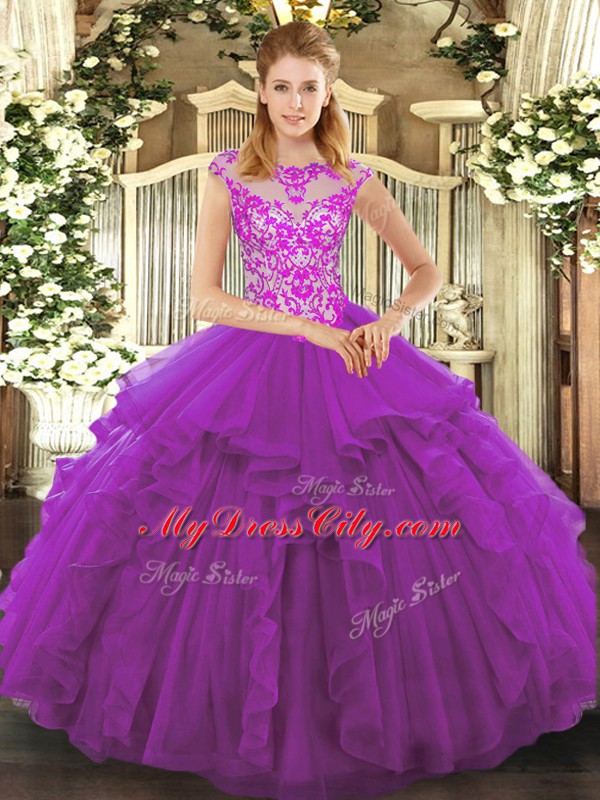 Flare Purple Ball Gowns Scoop Cap Sleeves Organza Floor Length Lace Up Beading and Ruffles Vestidos de Quinceanera