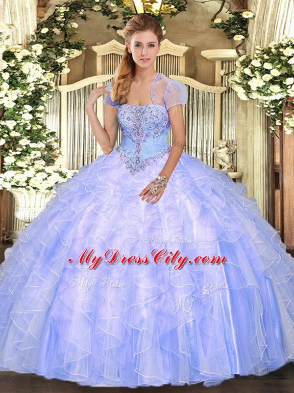 Hot Sale Light Blue Tulle Lace Up Vestidos de Quinceanera Sleeveless Floor Length Appliques and Ruffles