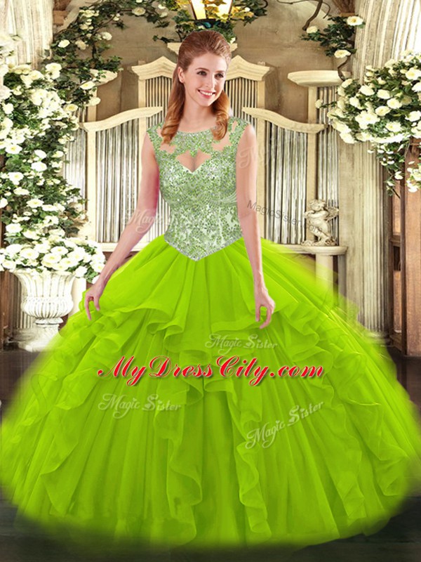 Customized Ball Gowns Scoop Sleeveless Tulle Floor Length Lace Up Beading and Ruffles Sweet 16 Dress