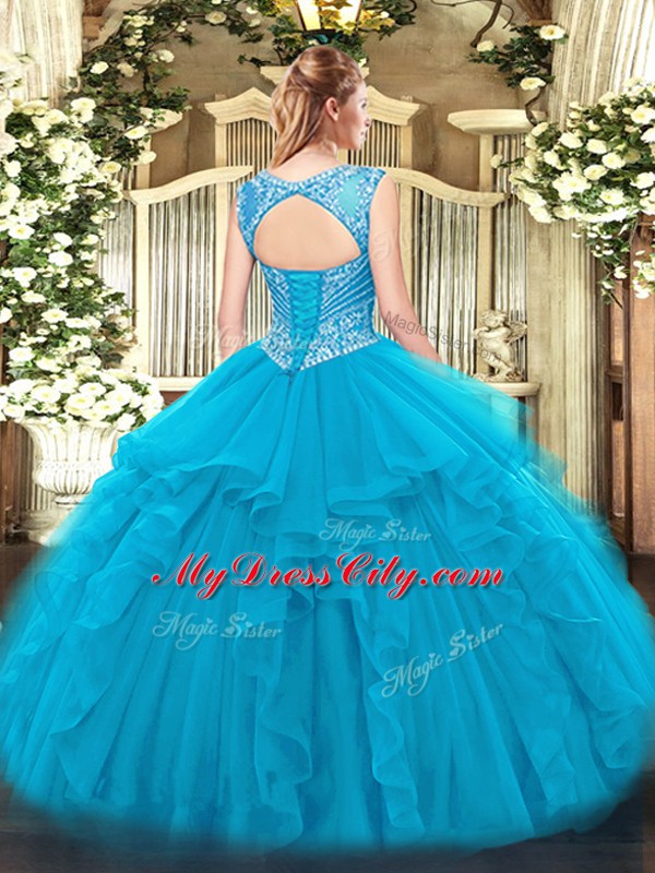 Customized Ball Gowns Scoop Sleeveless Tulle Floor Length Lace Up Beading and Ruffles Sweet 16 Dress