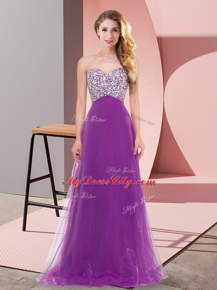 Purple Tulle Lace Up Homecoming Dress Sleeveless Floor Length Beading