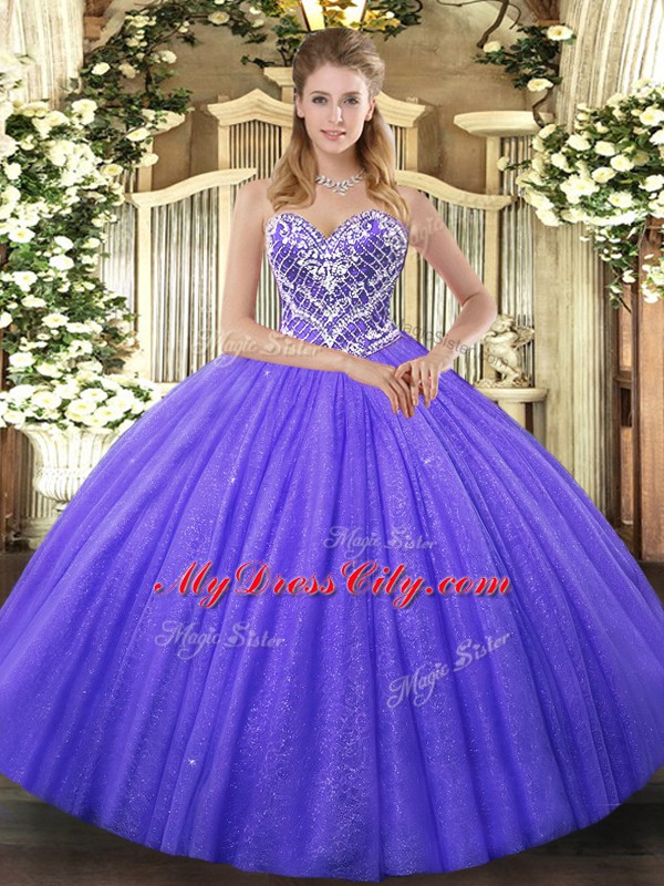 Designer Purple Ball Gowns Beading Ball Gown Prom Dress Lace Up Tulle Sleeveless Floor Length