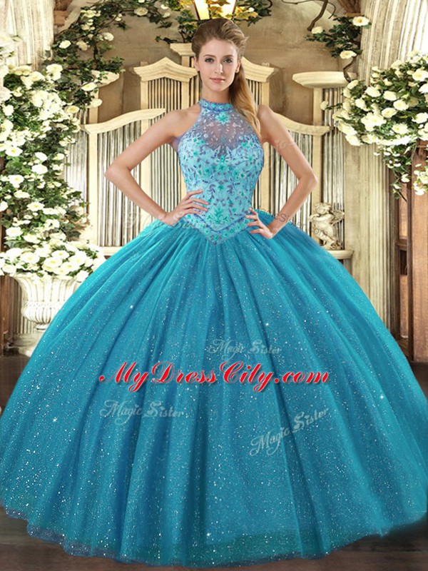 Romantic Sleeveless Tulle Floor Length Lace Up Quinceanera Gowns in Teal with Beading and Embroidery