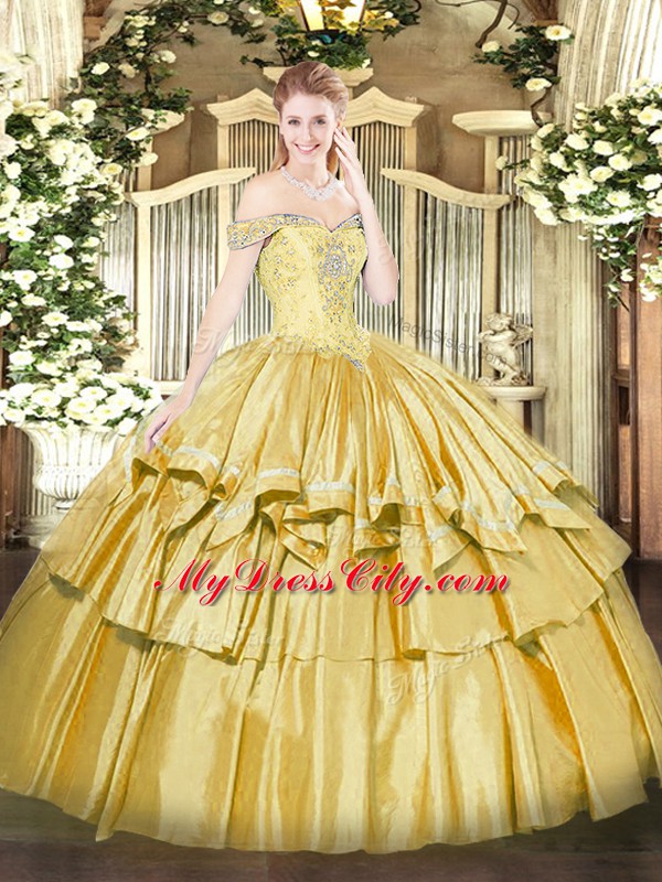 Simple Gold Ball Gowns Beading and Ruffled Layers Sweet 16 Quinceanera Dress Lace Up Organza and Taffeta Sleeveless Floor Length