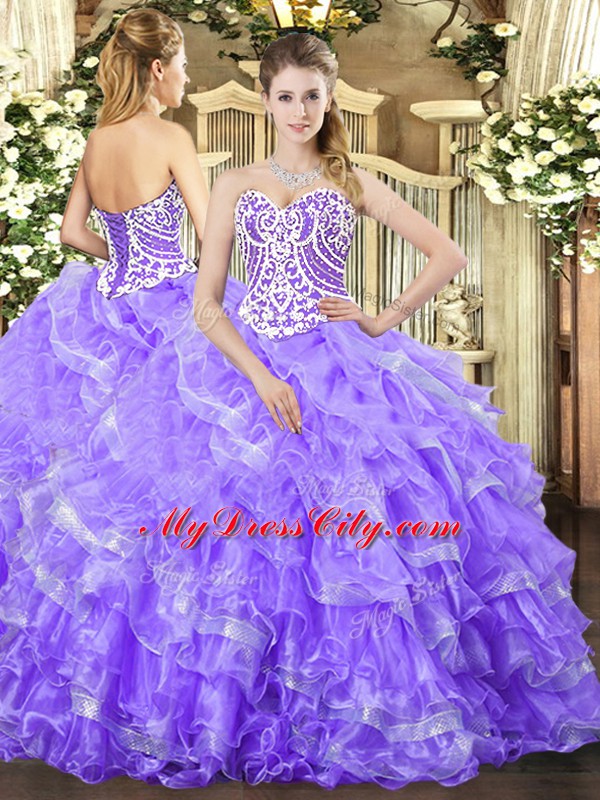 Modern Lavender Lace Up Sweetheart Beading and Ruffled Layers Quinceanera Gowns Organza Sleeveless