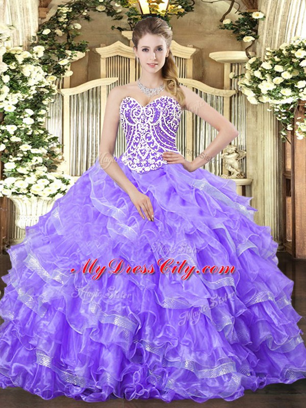 Modern Lavender Lace Up Sweetheart Beading and Ruffled Layers Quinceanera Gowns Organza Sleeveless