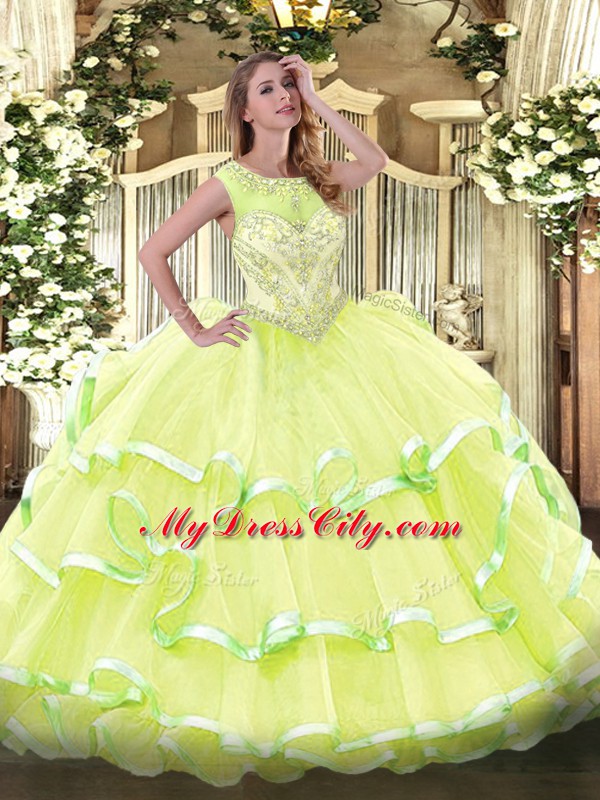 Luxury Yellow Green Sleeveless Organza Lace Up 15 Quinceanera Dress for Sweet 16 and Quinceanera