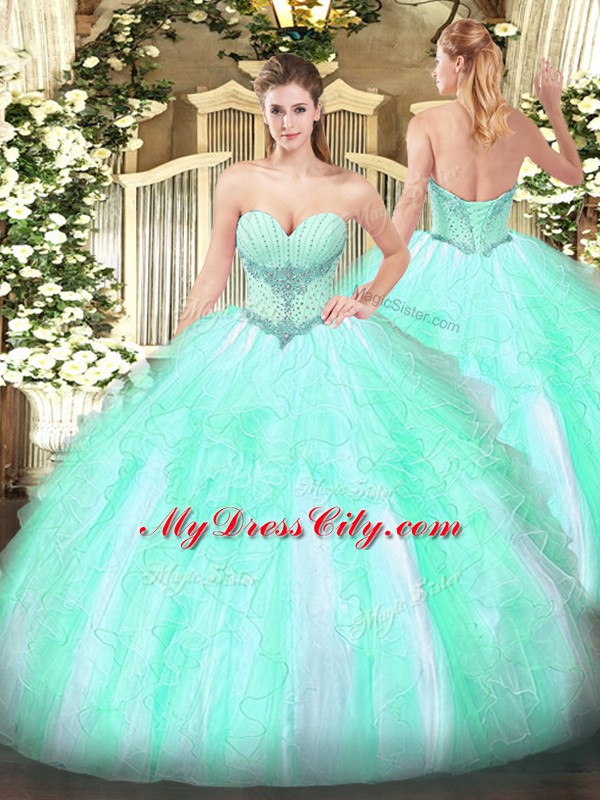 Latest Apple Green Sleeveless Floor Length Beading and Ruffles Lace Up Quinceanera Gowns