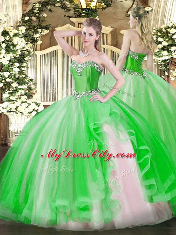 Fine Green Ball Gowns Halter Top Sleeveless Tulle Floor Length Lace Up Beading and Ruffles Sweet 16 Dresses