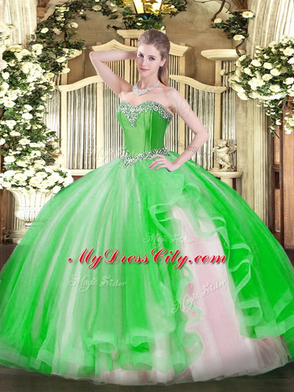 Fine Green Ball Gowns Halter Top Sleeveless Tulle Floor Length Lace Up Beading and Ruffles Sweet 16 Dresses