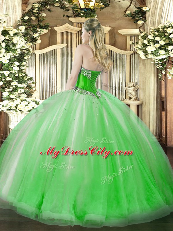 Fine Green Ball Gowns Halter Top Sleeveless Tulle Floor Length Lace Up Beading and Ruffles Sweet 16 Dresses