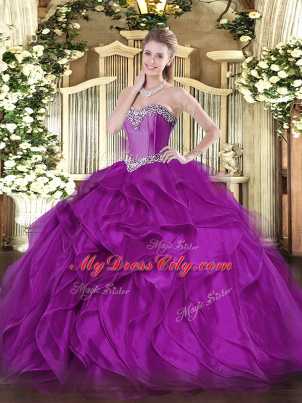 Purple Sleeveless Organza Lace Up 15 Quinceanera Dress for Military Ball and Sweet 16 and Quinceanera