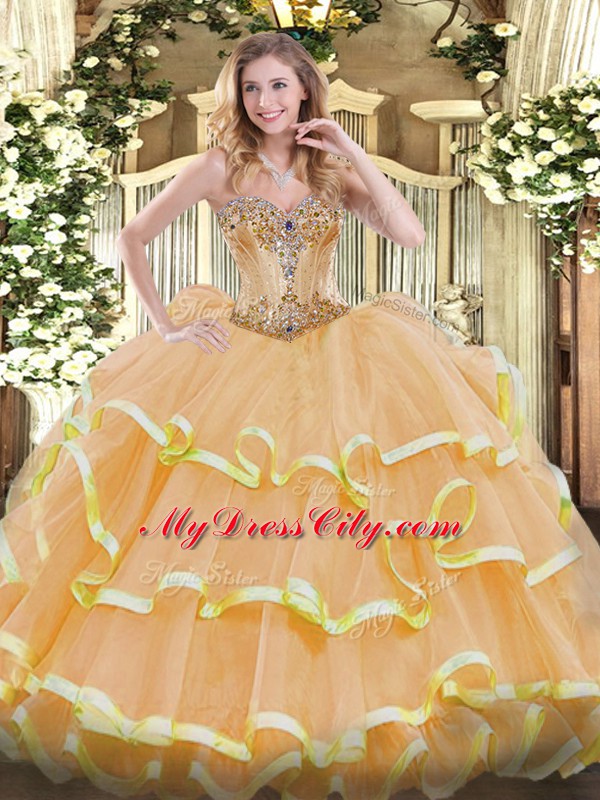 Cute Sleeveless Organza Floor Length Lace Up Quinceanera Gowns in Gold with Beading and Ruffles