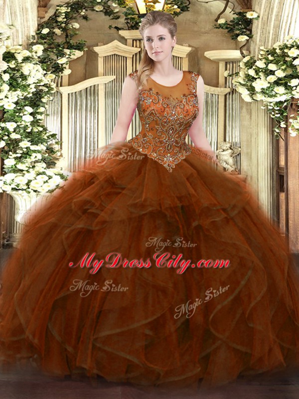 Hot Selling Sleeveless Tulle Floor Length Zipper Sweet 16 Dresses in Brown with Beading and Ruffles