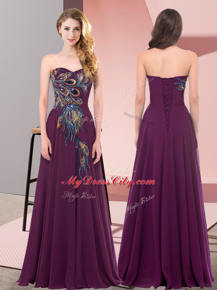 Floor Length Dark Purple Prom Gown Chiffon Sleeveless Embroidery