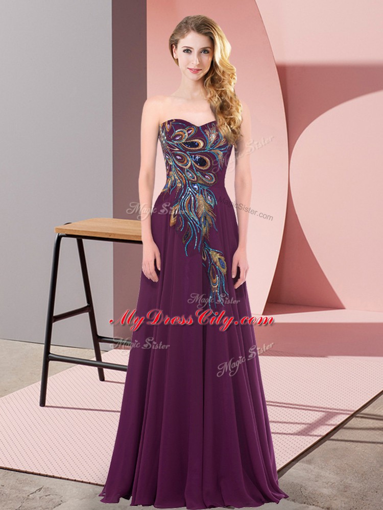 Floor Length Dark Purple Prom Gown Chiffon Sleeveless Embroidery