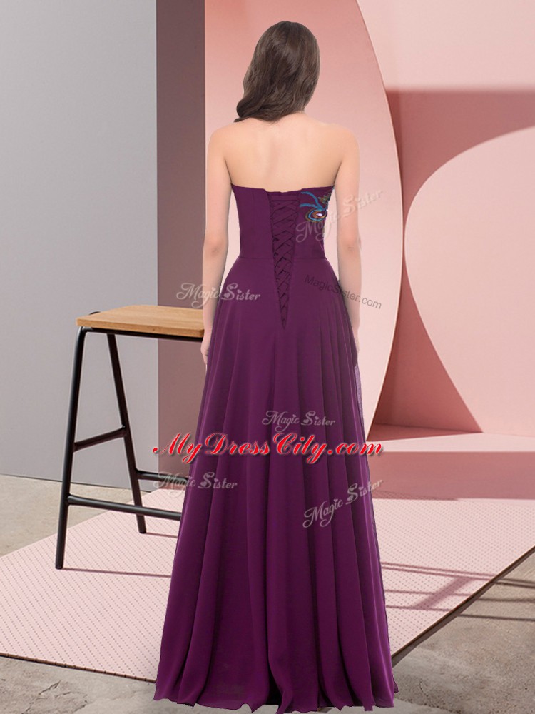 Floor Length Dark Purple Prom Gown Chiffon Sleeveless Embroidery