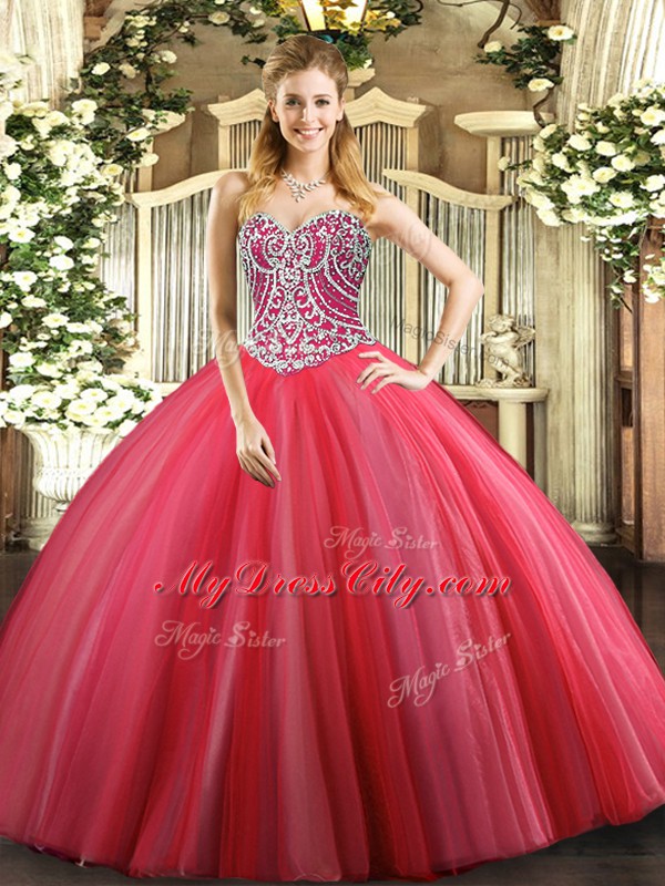 Coral Red Sweetheart Lace Up Beading 15 Quinceanera Dress Sleeveless