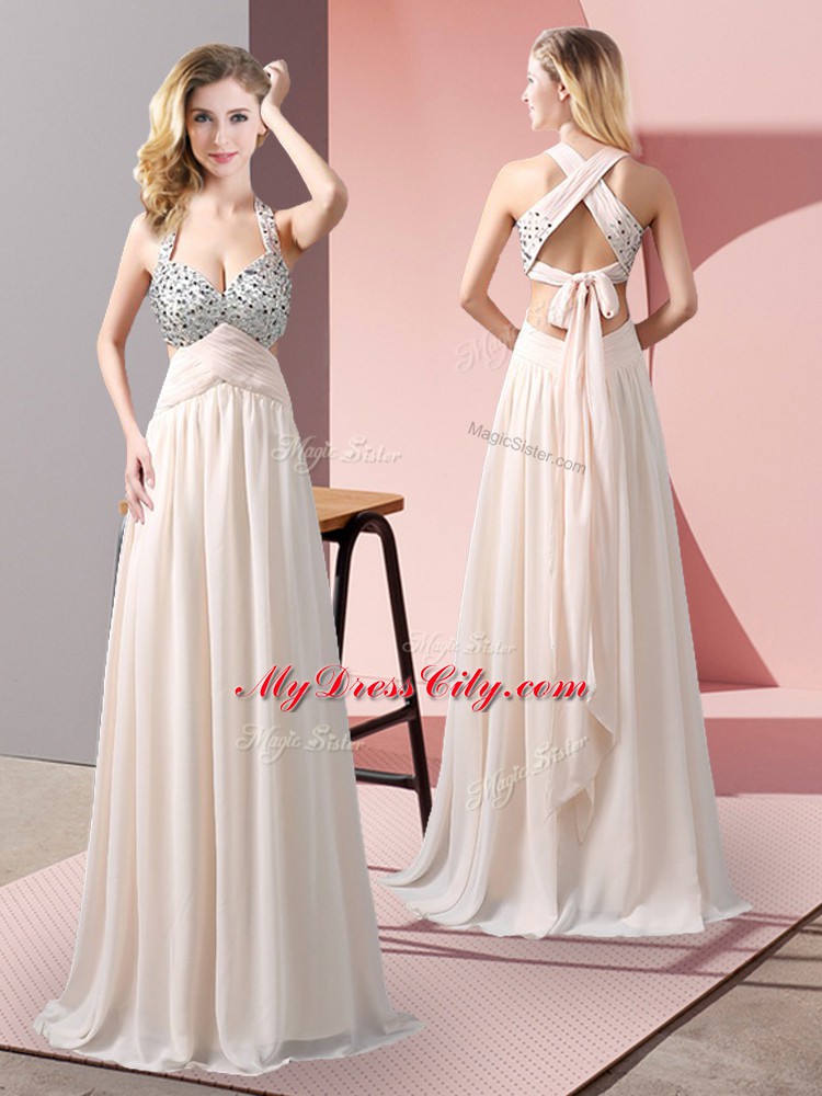 Edgy Champagne Halter Top Neckline Beading Dress for Prom Sleeveless Criss Cross