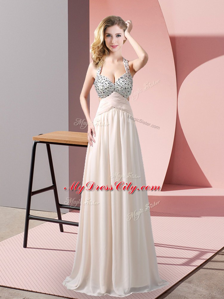 Edgy Champagne Halter Top Neckline Beading Dress for Prom Sleeveless Criss Cross