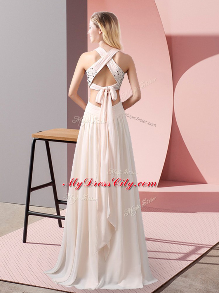 Edgy Champagne Halter Top Neckline Beading Dress for Prom Sleeveless Criss Cross