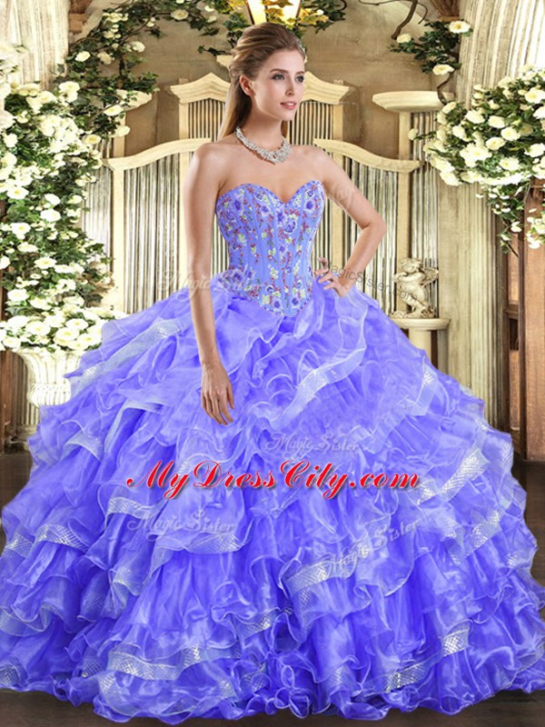 Deluxe Sleeveless Organza Floor Length Lace Up Sweet 16 Quinceanera Dress in Lavender with Embroidery and Ruffled Layers