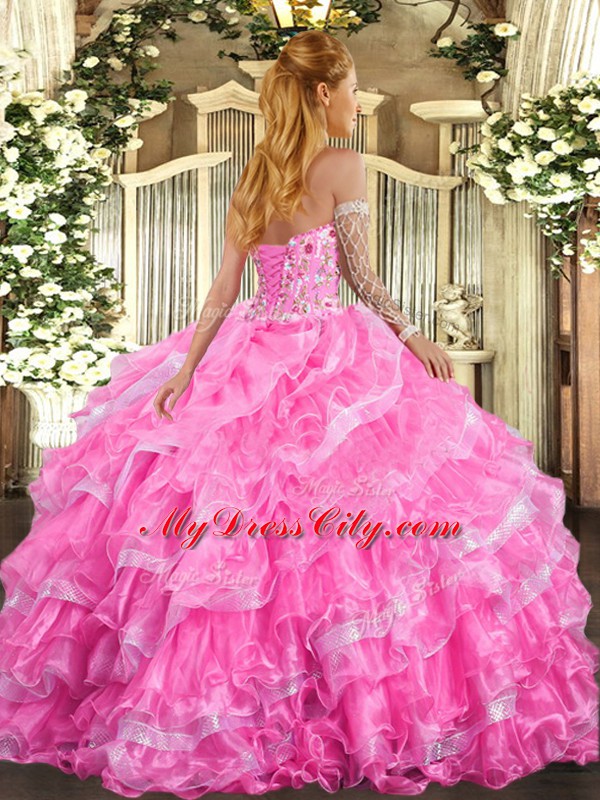 Deluxe Sleeveless Organza Floor Length Lace Up Sweet 16 Quinceanera Dress in Lavender with Embroidery and Ruffled Layers