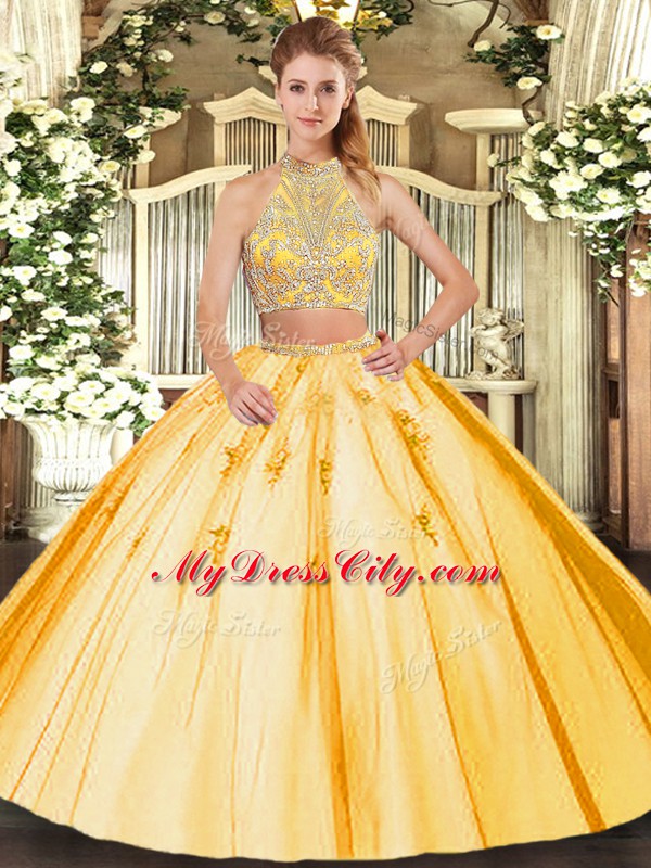 Perfect Gold Sleeveless Beading and Appliques Floor Length Sweet 16 Dresses