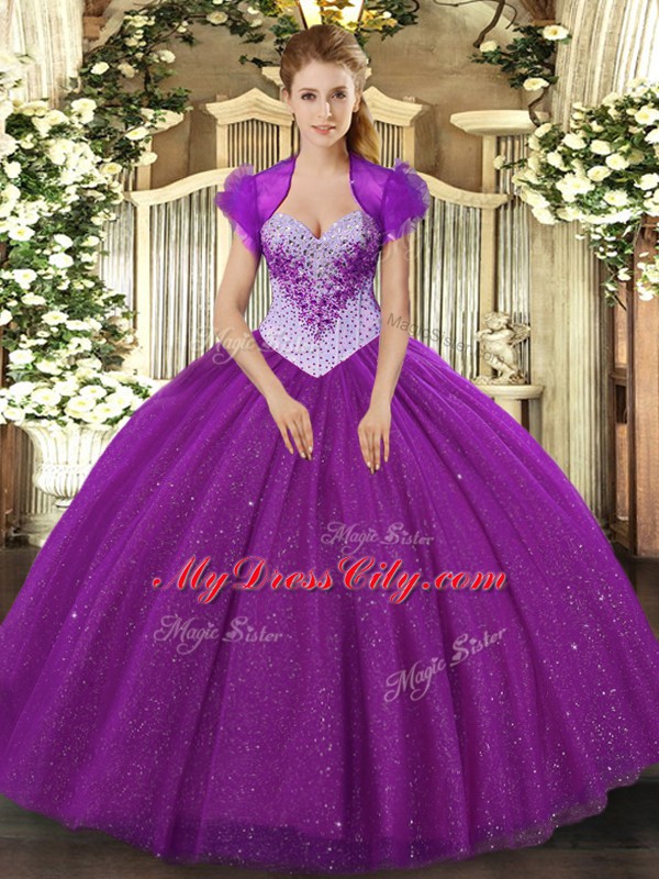 Stylish Sleeveless Floor Length Beading and Sequins Lace Up Quinceanera Gown with Eggplant Purple