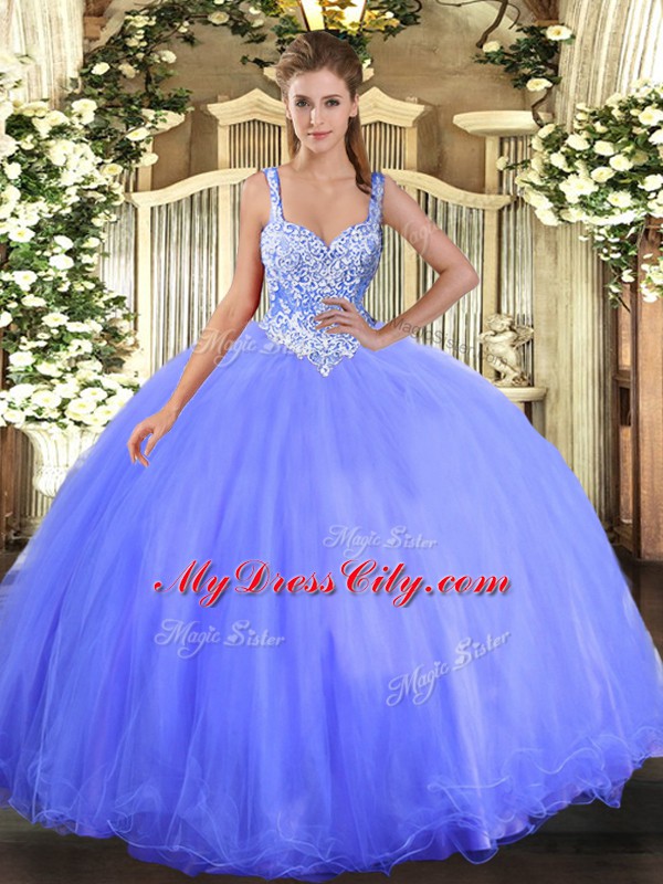 Tulle Straps Sleeveless Lace Up Beading Quinceanera Gowns in Blue