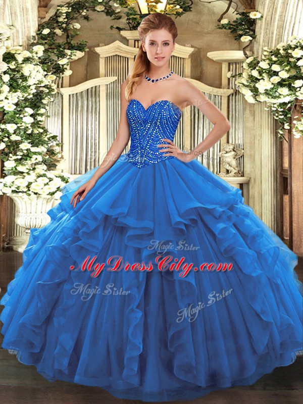 Sleeveless Tulle Floor Length Lace Up 15 Quinceanera Dress in Blue with Beading and Ruffles