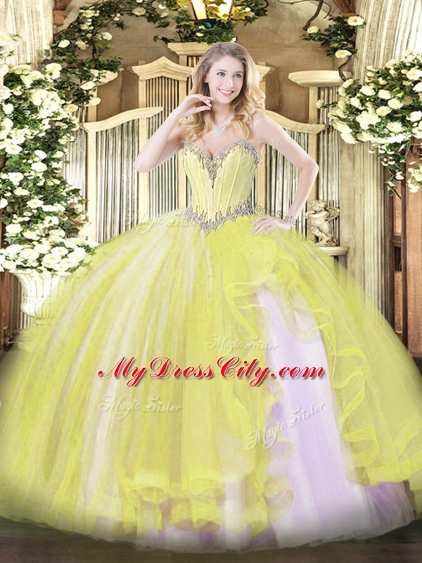 Yellow Ball Gowns Tulle Sweetheart Sleeveless Beading and Ruffles Floor Length Lace Up Sweet 16 Quinceanera Dress