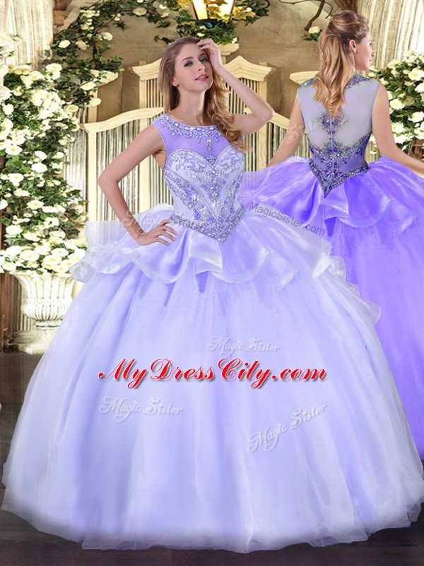 Sweet Sleeveless Organza Floor Length Zipper Quinceanera Gown in Lavender with Beading