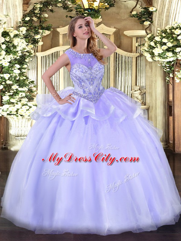 Sweet Sleeveless Organza Floor Length Zipper Quinceanera Gown in Lavender with Beading