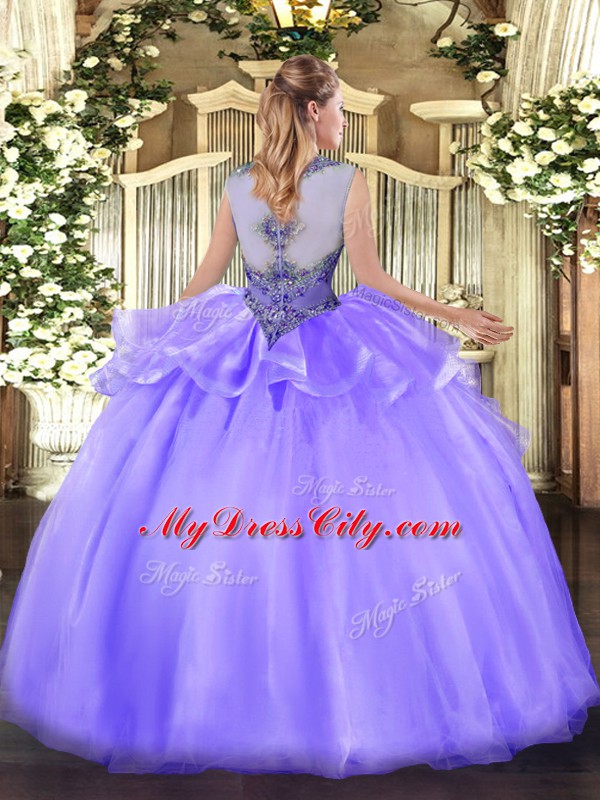 Sweet Sleeveless Organza Floor Length Zipper Quinceanera Gown in Lavender with Beading