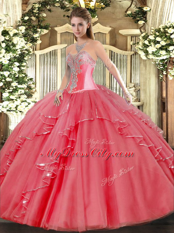 Sweet Sweetheart Sleeveless Quinceanera Dress Floor Length Beading and Ruffles Coral Red Tulle