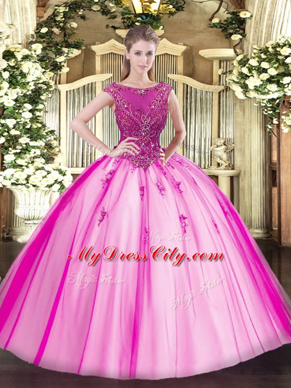 Hot Sale Ball Gowns Quinceanera Gowns Fuchsia Scoop Tulle Cap Sleeves Floor Length Lace Up