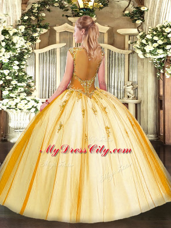 Hot Sale Ball Gowns Quinceanera Gowns Fuchsia Scoop Tulle Cap Sleeves Floor Length Lace Up