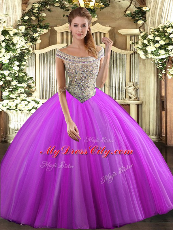 Floor Length Fuchsia Quince Ball Gowns Off The Shoulder Sleeveless Lace Up