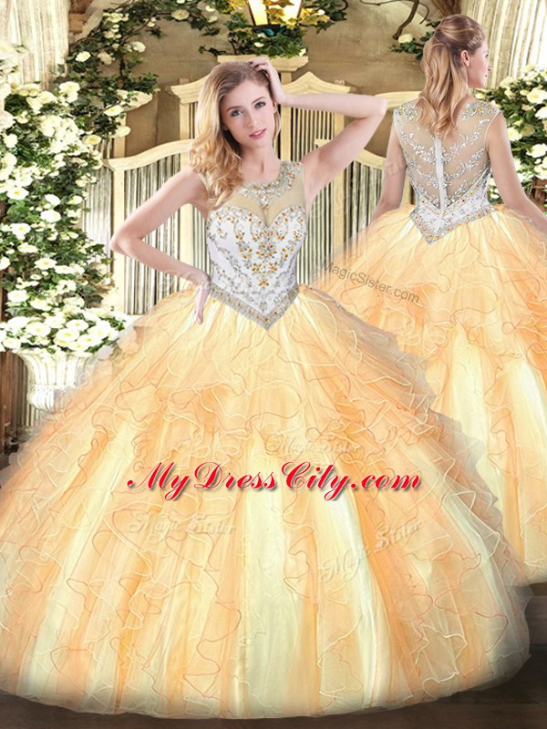 Sleeveless Tulle Floor Length Zipper Sweet 16 Quinceanera Dress in Gold with Beading and Ruffles