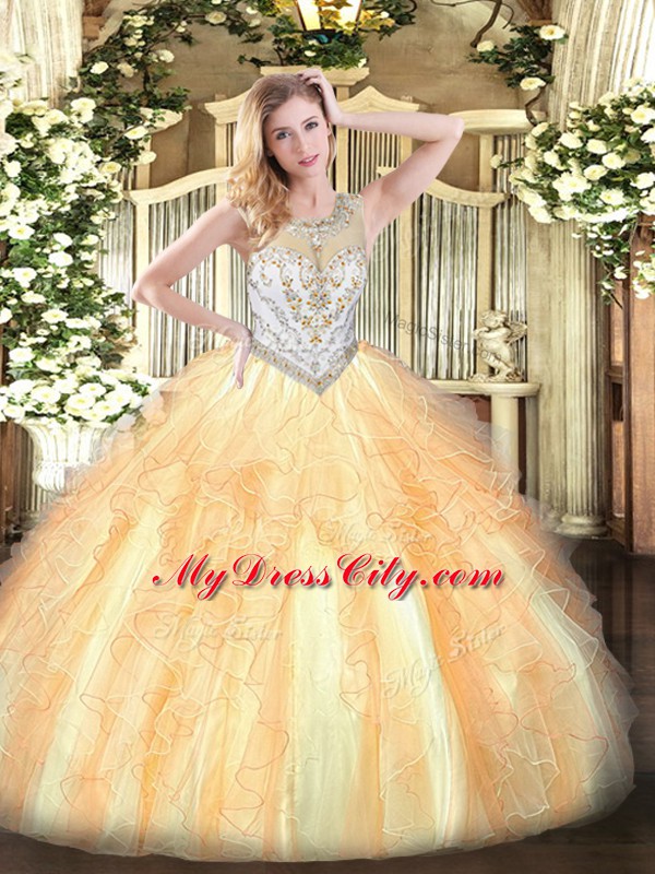 Sleeveless Tulle Floor Length Zipper Sweet 16 Quinceanera Dress in Gold with Beading and Ruffles