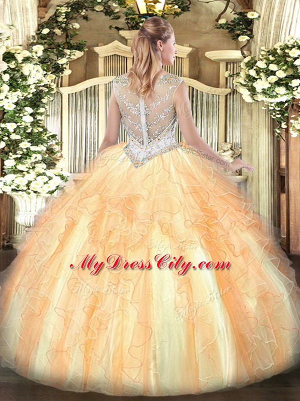 Sleeveless Tulle Floor Length Zipper Sweet 16 Quinceanera Dress in Gold with Beading and Ruffles