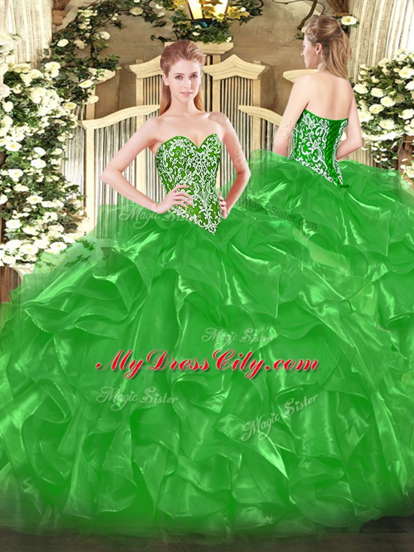 Custom Designed Green Lace Up Sweetheart Beading and Ruffles Quinceanera Dresses Organza Sleeveless