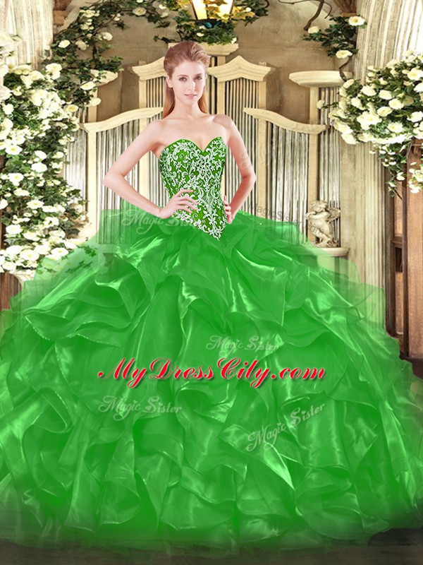 Custom Designed Green Lace Up Sweetheart Beading and Ruffles Quinceanera Dresses Organza Sleeveless